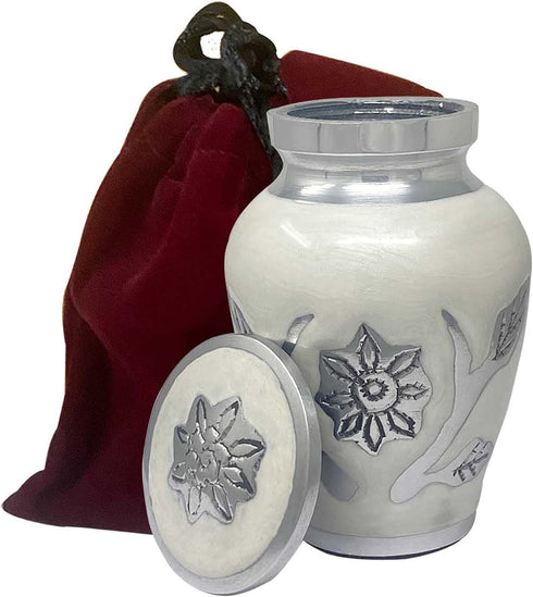 Sunflower Keepsake Urn for Ashes, Miniature Token Urn with Velvet Bag (White Pearl)