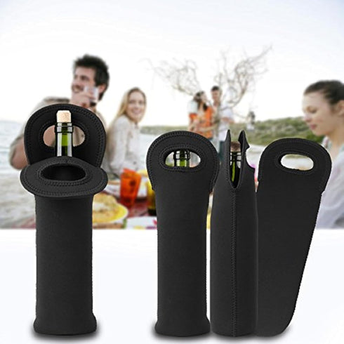 Black Insulated Wine Carrier Tote Bag, for Wine, Beer, and Water Bottles, Travel
