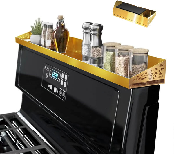 STUTOV 30" Magnetic Stove Top Shelf Brushed Gold Spice Rack and Seasoning