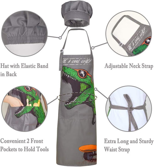 MHJY Kids Apron and Chef Hat for Boys, Dinosaur Child Aprons with Pockets for Cooking Baking Painting