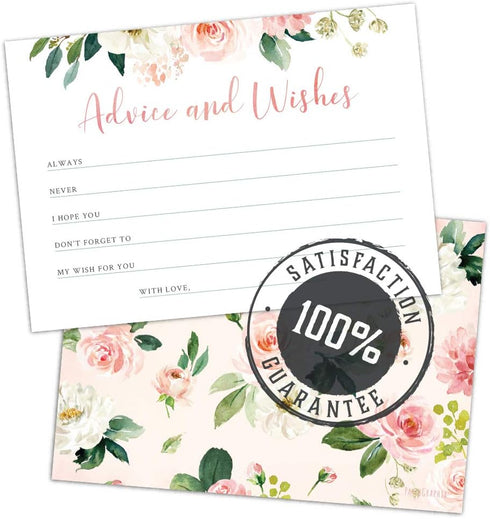 Set of 50 Double Sided Floral Advice and Wishes Cards for Bridal Shower, Baby Shower, Wedding, Graduation, and