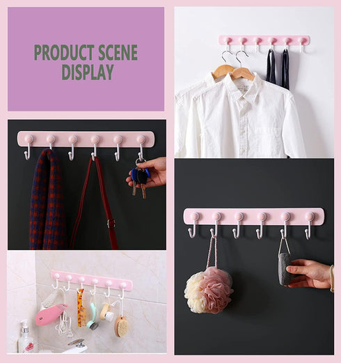 Kids Coat Rack Wall Mount, Adhesive Wall Hooks with 6 Rotating Hooks for Hanging Clothes, Pink Decorative Hangers
