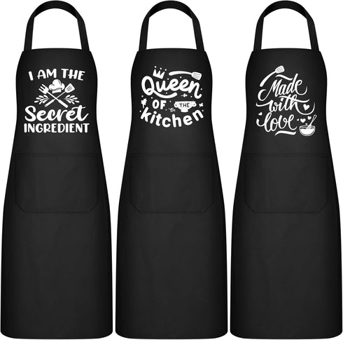 Set of 3 Women Kitchen Aprons, Funny Quotes Pocket Aprons with Adjustable Waist Tie for Cooking, Baking