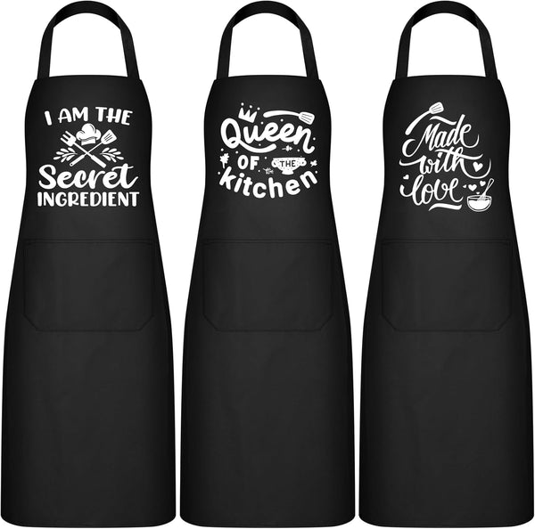 Set of 3 Women Kitchen Aprons, Funny Quotes Pocket Aprons with Adjustable Waist Tie for Cooking, Baking