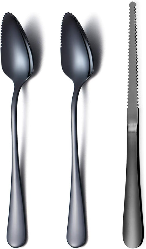 Black Grapefruit Spoons Set - 3 Pieces Stainless Steel Grapefruit Spoon and Knife with Titanium Plating