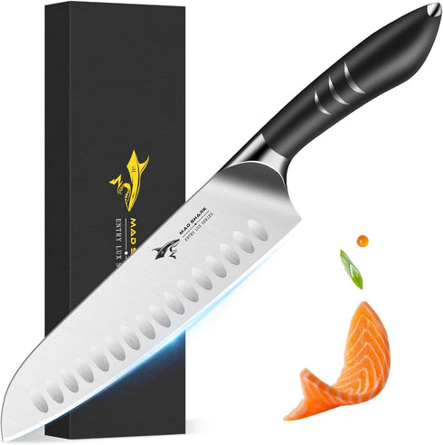 MAD SHARK Premium Santoku Knife - 8 Inch Professional Kitchen Knife, German Stainless Steel, Black