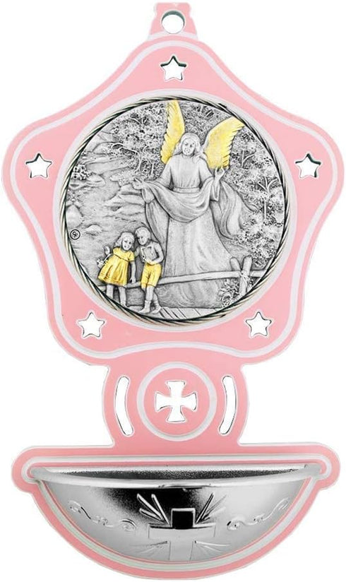 5" Girls Holy Water Font, Guardian Angel Silver Plated Plaque, Beautiful Gold-tone Accents, Great Catholic Gift