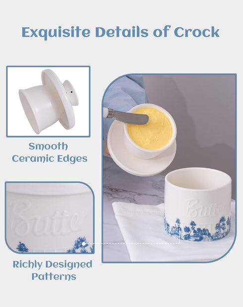 Counter,Blue 6.7 oz TEATALK Vintage Boho Butter Crock - French Ceramic Butter Keeper for and White Porcelain Butter