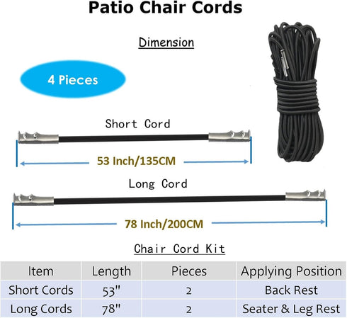 Merrian Living 4 Pack, Zero Gravity Chair Cord Replacement, Elastic Cord for antigravity Chair, Patio Recliner Chair