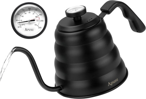 Black Gooseneck Tea Kettle with Thermometer, 40 floz/1200ml Premium Stainless Steel Pot for Pour Over Coffee