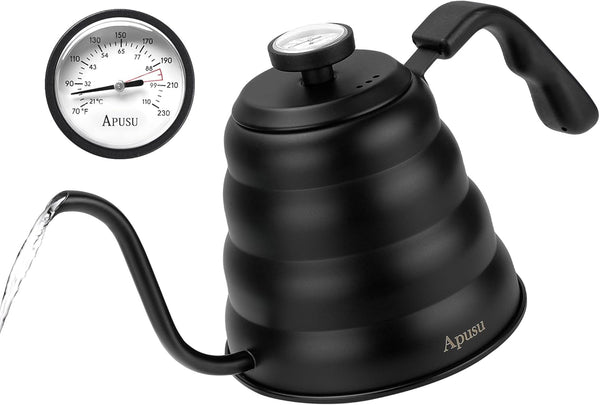 Black Gooseneck Tea Kettle with Thermometer, 40 floz/1200ml Premium Stainless Steel Pot for Pour Over Coffee