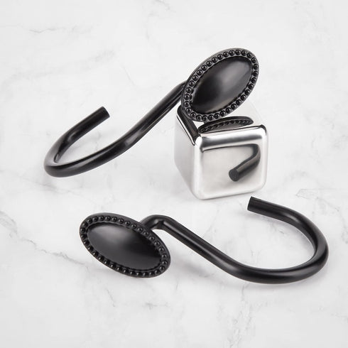 Shower Curtain Hooks, Set of 12, Black, Decorative, Zinc, Rust Resistant, Regular Size for Standard Shower Poles
