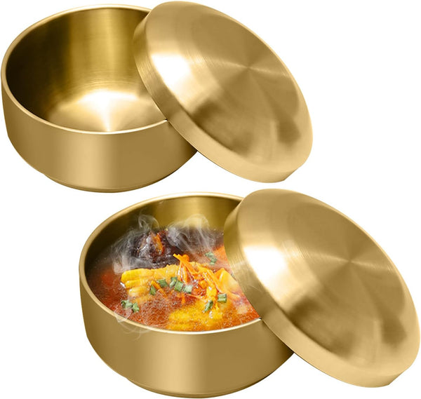 Stainless Steel Rice Bowl with Lid, Set of 2, Double-walled Metal Bowls for Korean Kitchen, 10.5cm Gold