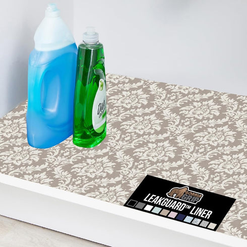 GORILLA GRIP LeakGuard Non-Adhesive Under Sink Mat, 24x40, Waterproof Quick Dry Shelf Liner, Damask Taupe Cream
