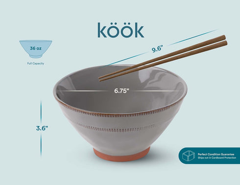 KooK Ramen Bowl Set of 2, Authentic Japanese Ramen Bowl with Chopsticks, Microwavable, Dishwasher Safe, 36 oz, Carbon