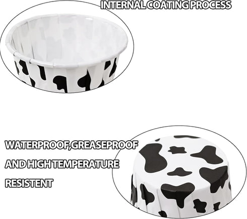 100 Pcs Cow Print Cupcake Liners Case, Waterproof and Greaseproof Cow Baking Cups for High Temperature, Black/White
