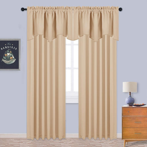 NICETOWN Room Darkening Window Valance, Solid Thermal Insulated 52"x18" Scalloped Curtain Panels (Biscotti Beige, 4