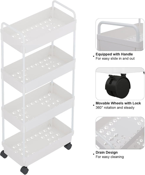 Buzowruil Rolling Storage Cart, 4 Tier Mobile Shelving Unit with Wheels for Kitchen, Bathroom, and Laundry, White.