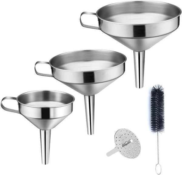 Kitchen Funnel, 3 Piece Stainless Steel Set with Handle and Removable Strainer for Liquid Transfer