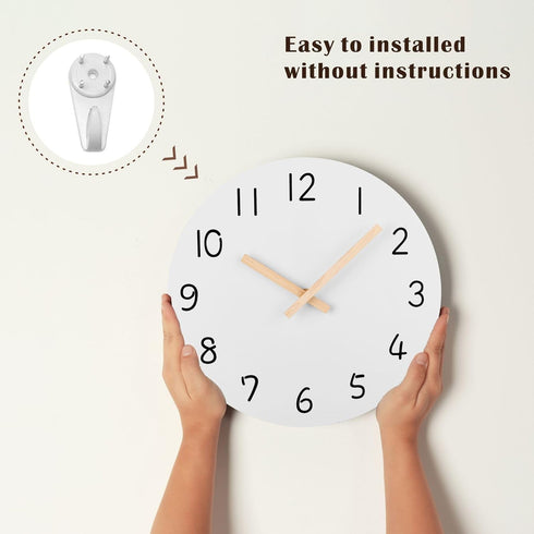 Plumeet 10'' Wooden Wall Clock (White) Small Frameless Clocks with Silent Quartz Movement, Battery Operated