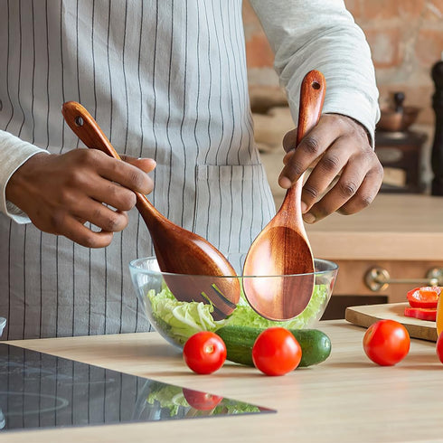 Wooden Salad Tongs, 10.2in Serving Utensils Set, Acacia Salad Spoon and Fork Set, Long Handle Wood Serving Utensils