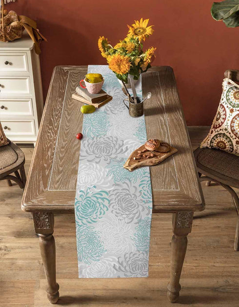 PIEPLE 13x72inches Aqua Chrysanthemum Flowers Table Runner-Cotton Linen-Long Dresser Scarves,Floral Grey Tablerunner