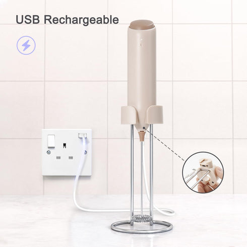 Rechargeable Coffee Frother by ELMWAY, Electric Milk Frother with Charging Stand & Wall Mount, Handheld Drink Mixer