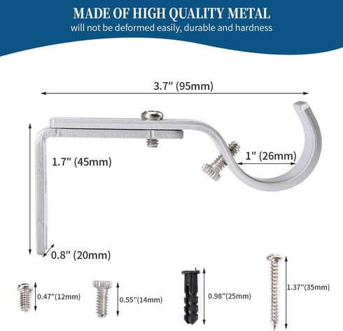 Heavy Duty Adjustable Curtain Rod Brackets for 1 Inch Rod, Silver Color, Set of 2