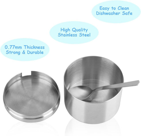 Sugar Container with Lid and Spoon, Stainless Steel 12 Ounce Multi-Function Spice Jar for Kitchen