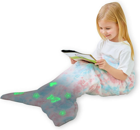 Viviland Kids Mermaid Tail Blanket, Glow in The Dark Flannel Mermaid Blanket Gifts for Girls, Luminous Star Tie Dye