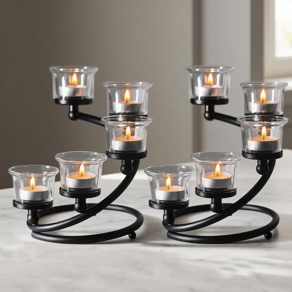 2Pcs Black 5-arm Metal & Glass Tea Light Candle Holders for Table
