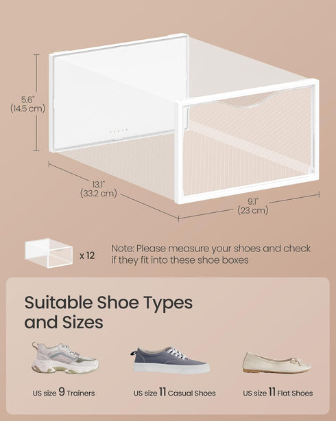 Closet, 12 Pack, ULSP312W01 SONGMICS Shoe Boxes, Shoe Storage Organizers Rack for Plastic Stackable Sneaker Containers