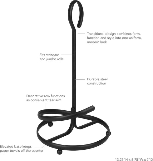 Countertop Spectrum Ashley Black Paper Towel Holder with Easy Tear Arm for Kitchen Organization, Modern Weighted Steel