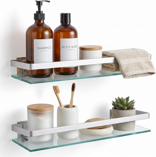 Ripeng 2 Pieces Bathroom Glass Floating Glass Corner Shelf Aluminum Tempered Wall Shelves