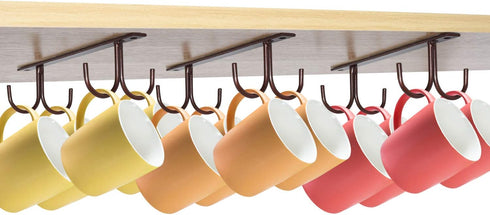 Mocoum Under Cabinet Mug Rack, Rustic Organizer Rack with 12 Hanging Hooks for Mugs, Coffee Cups (Brown-3 Pack)