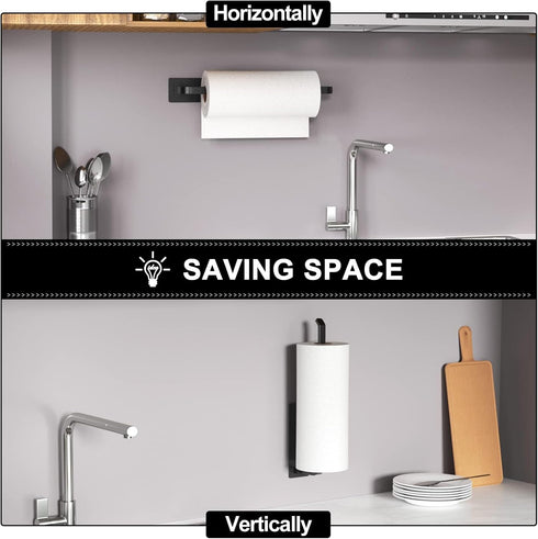 Paper Towel Holder, Self-Adhesive or Drilling, Matte Black Under Cabinet Rack for Kitchen Roll Holder