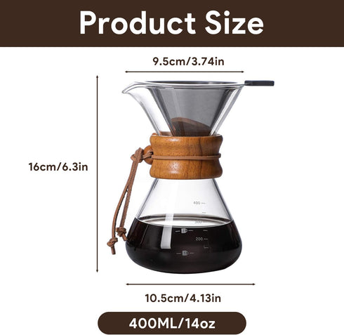 Tissting Wood Neck Pour Over Coffee Maker, 400ml Sleeve Brewer with Permanent Stainless Steel Filter