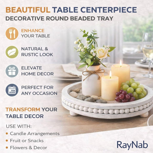 RayNab 12" Farmhouse Round Wooden Beaded Tray Whitewashed Rustic Decorative Wood Tray for Coffee Table, Kitchen