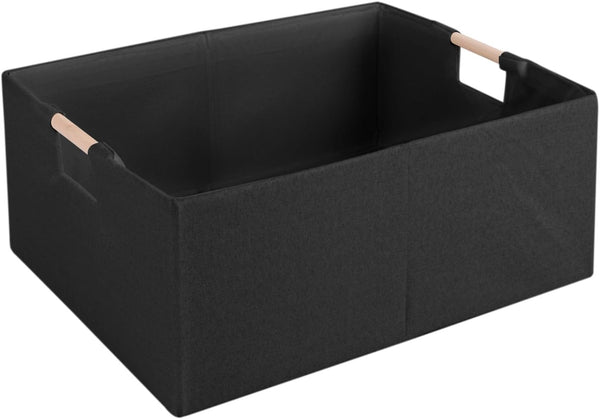 Fabric Storage Bin Box, Foldable Cotton Linen Storage Basket with Wooden Handles, Rectangular Cube Decorative Home