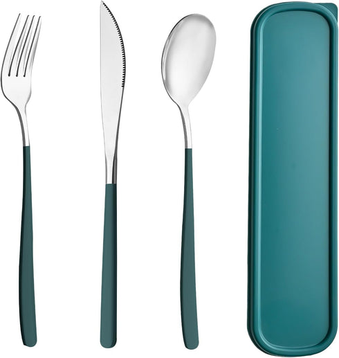 Travel Utensils with Case, 4pc Reusable Set, Camping Utensil Set, Portable Silverware for Work, Camping, School (Green)