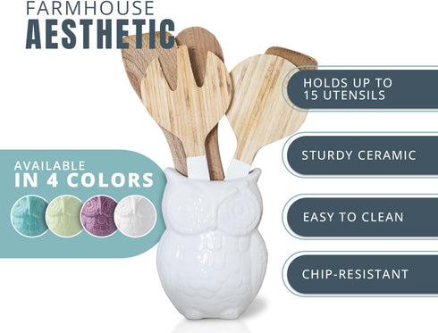Comfify Owl Utensil Holder Decorative Ceramic Cookware Crock & Organizer, in Lovely White Color - Utensil Shaped Caddy and Perfect Kitchen Ceramic Décor Gift for Countertop - 5” x 7” x 4” Size