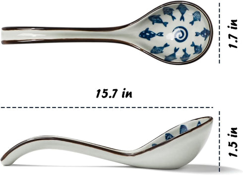 Ceramic Soup Spoons Set of 6, Long Handle Japanese Ramen Spoon for Dumpling, Noodles, Miso, Chinese Wonton