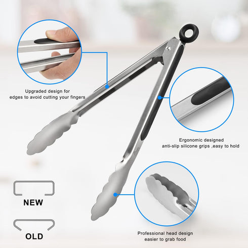 HOTEC Set of 2 Stainless Steel Kitchen Tongs, 9 Inch Locking Metal Food Cooking Tongs with Non-Slip Grip (Black)
