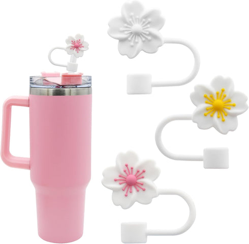 Silicone Straw Cover for 10mm Straws, Cute Cap for Stanley Cup Accessories, 3pcs Sakura Straw Topper for Reusable Straws