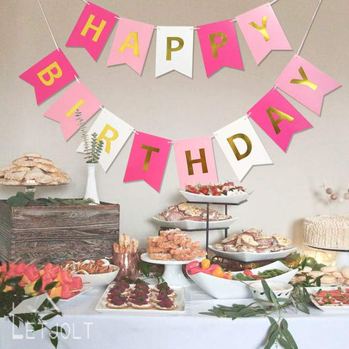 Roseo Pink Happy Birthday Banner Signs, Golden Sparkle Funny Party Supplies for Girls, 13 Pieces