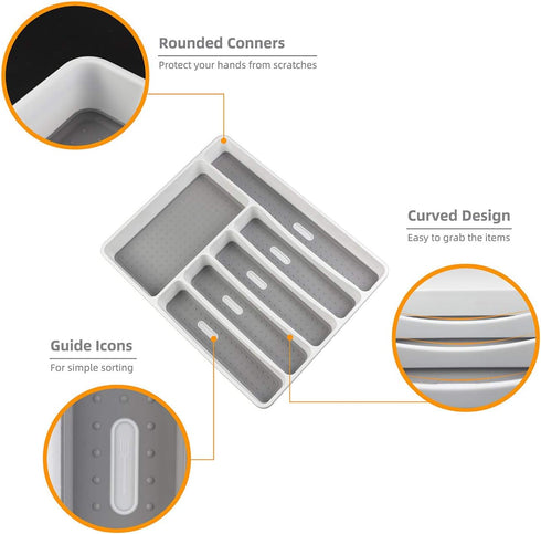 LeMuna 6 Compartment Silverware Organizer Tray for Drawer, Kitchen Drawer Organizer with Soft Grip Lining and Non-Slip