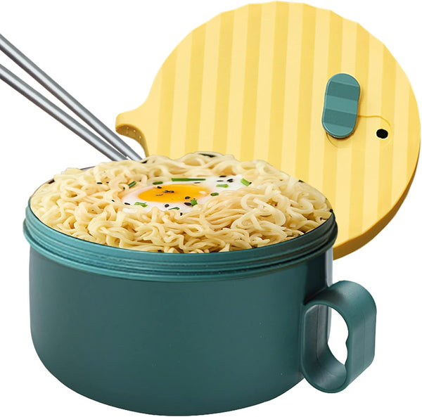 Microwave Ramen Bowl Cooker with Handles, Noodle Bowls with Lid and Chopsticks, Dishwasher Safe, Yellow & Green