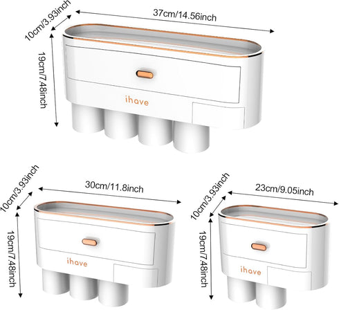 iHave 3 Cups Toothbrush Holders for Bathrooms, Wall Mounted Organizer with Large Capacity Drawer and Tray