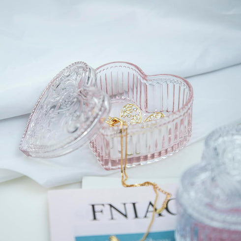 Gaolinci Crystal Glass Heart-Shaped Storage Box, Embossed Jewelry Box Candy Box with Lid