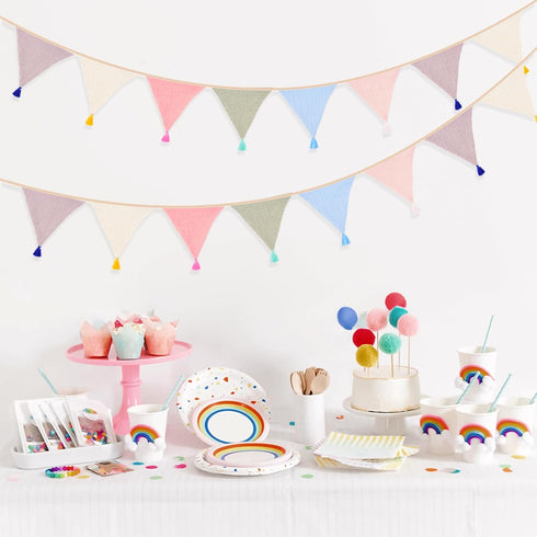 9Ft Pre-Strung Cotton Fabric Bunting Banner, Morandi Triangle Pennant Banner Flag, Double-Sided Bunting Garland